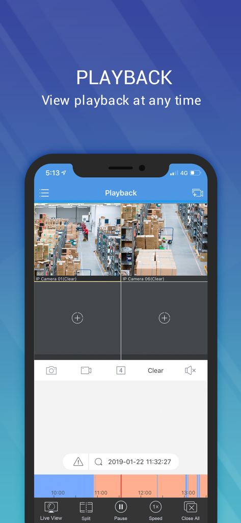 EZView UNV mobile app playback screen showing multiple warehouse security camera feeds
