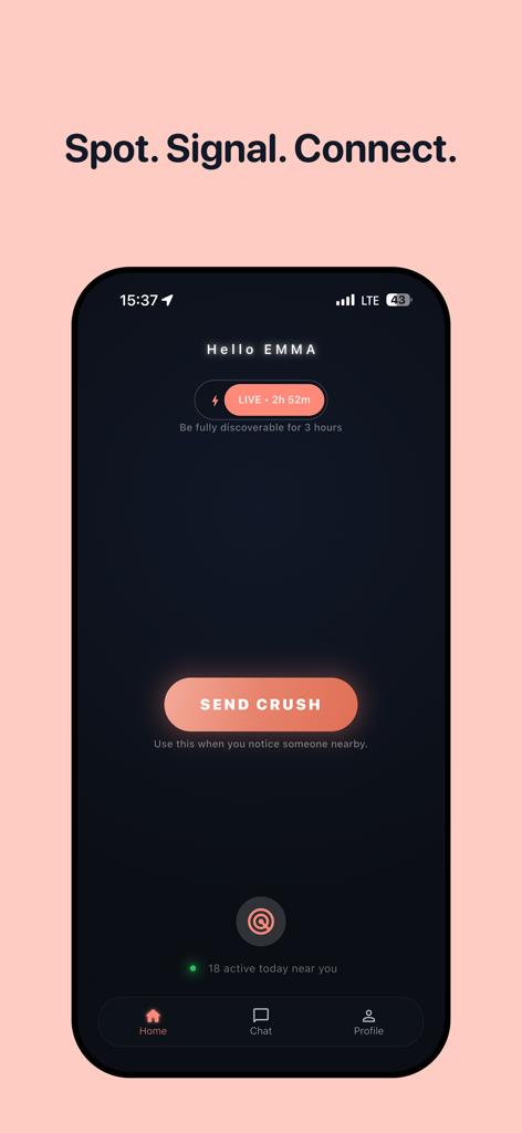 Crush Signals - Crush Signals mobile app home screen with a large Send Crush button and active user count nearby