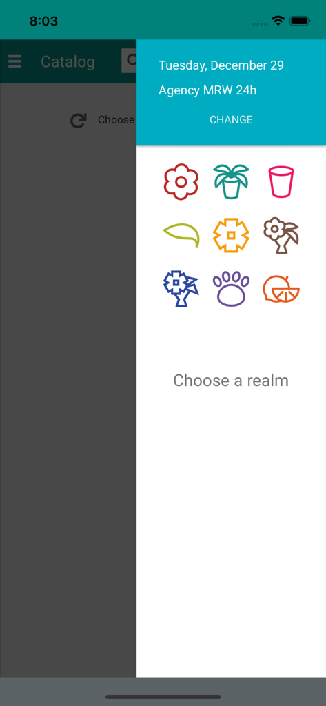 Verdnatura - Interface d'application mobile pour choisir une catégorie de produits dans Verdnatura, avec diverses icônes florales et botaniques