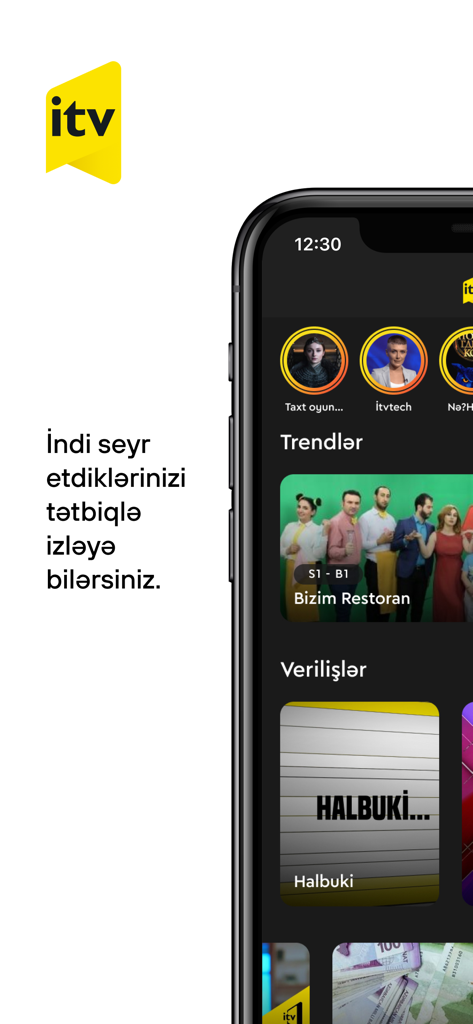 İCTİMAİ TV - Capture d'écran de l'interface de l'application İCTİMAİ TV sur un iPhone montrant des émissions de télévision et des programmes d'information azerbaïdjanais en vogue.