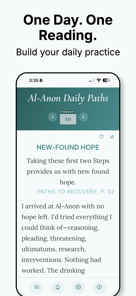 Al-Anon Daily Paths - Al-Anon Daily Paths app showing a daily recovery reading for February 10.