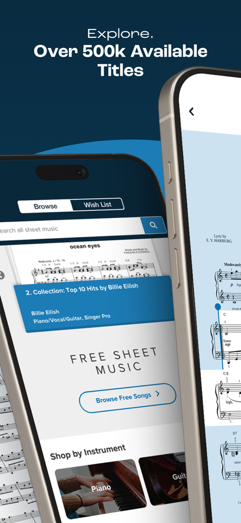 Musicnotes: Sheet Music Reader - Smartphone screens displaying the Musicnotes app interface with various sheet music titles and scores