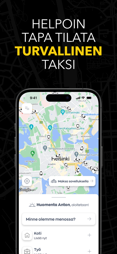 Taksi Helsinki - Taksi Helsinkiモバイルアプリのインターフェース。タクシーの位置と目的地検索バーが表示されたリアルタイムマップを示しています。