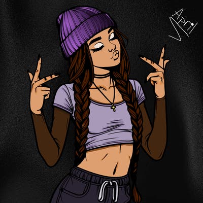 realistic teenage girl with braids and a beanie and crop top doing 🫶🏼