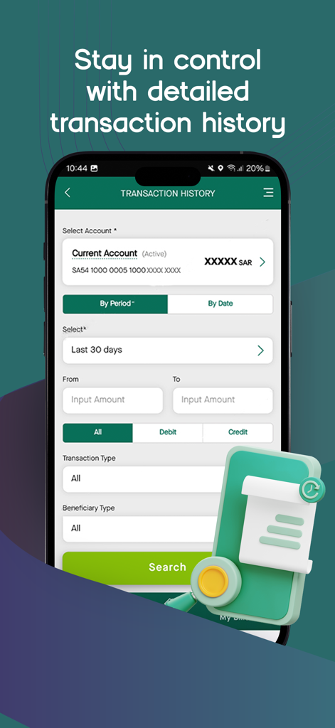 Interface do aplicativo móvel mostrando a tela de pesquisa do histórico de transações com filtros por datas e contas