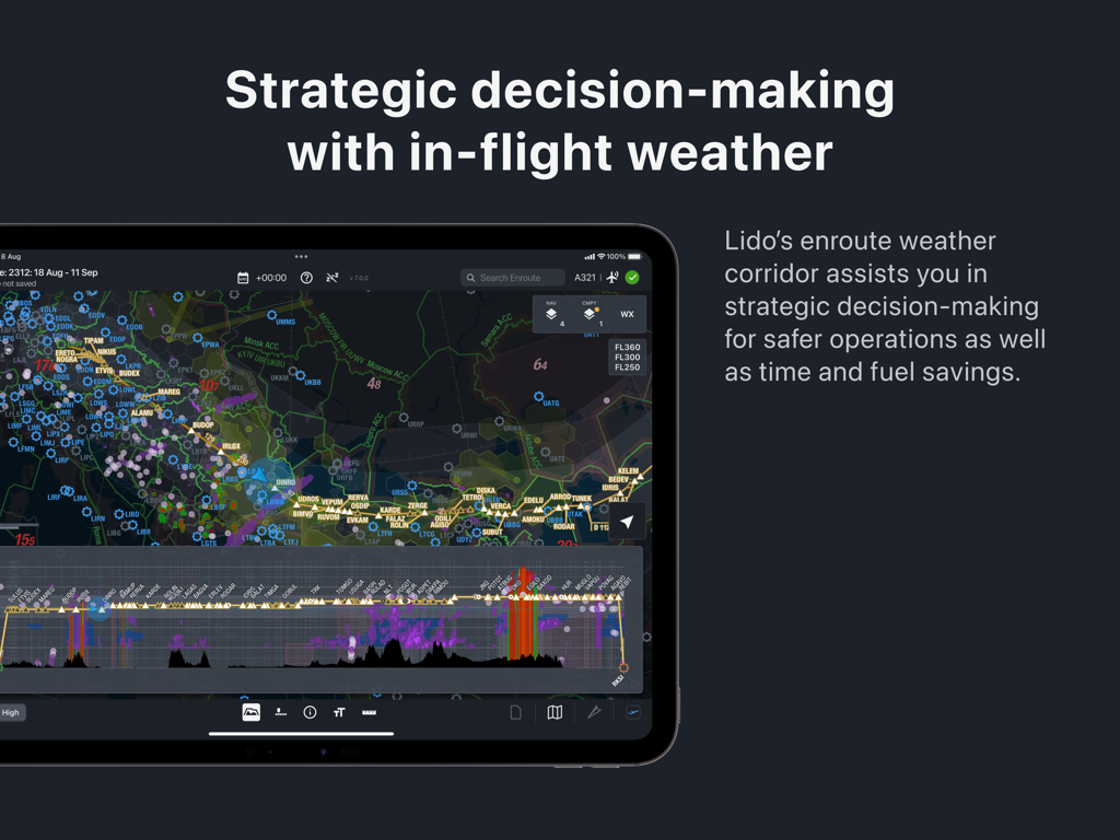 Lido mPilot - Lido mPilot interface on iPad showing in-flight weather corridor and enroute navigation map.