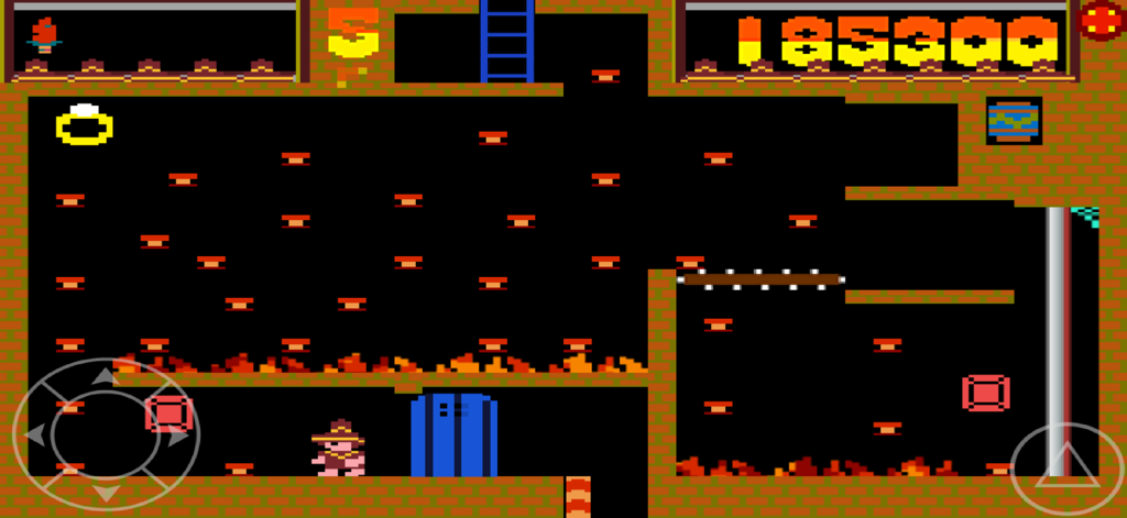 Montezuma - Director's Cut - Retro 8-bit gameplay screenshot showing the character Pedro navigating a hazardous pyramid room with fire and treasures