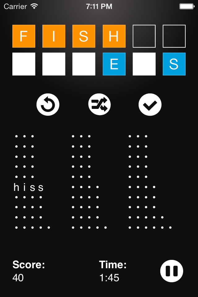 Shuffle: The funny, speedy word finding game - Gameplay screenshot of the Shuffle word finding game showing letter tiles and found words