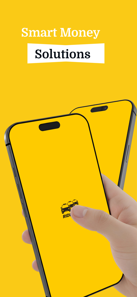 RideMai - Interface do aplicativo de compartilhamento de caronas RideMai em um iPhone com o texto Smart Money Solutions em um fundo amarelo.