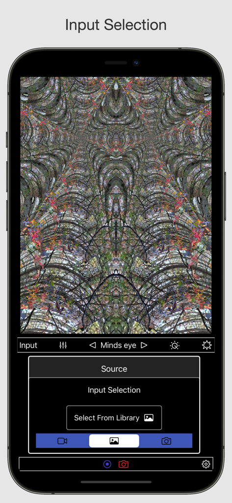 VideoSynth - iPhone screen showing VideoSynth app interface with a psychedelic kaleidoscopic pattern and a source input selection menu for photos and videos.