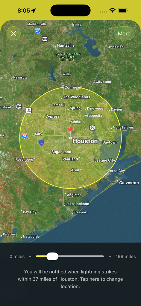 Map interface of My Lightning Tracker Pro showing a lightning alert radius set for Houston Texas