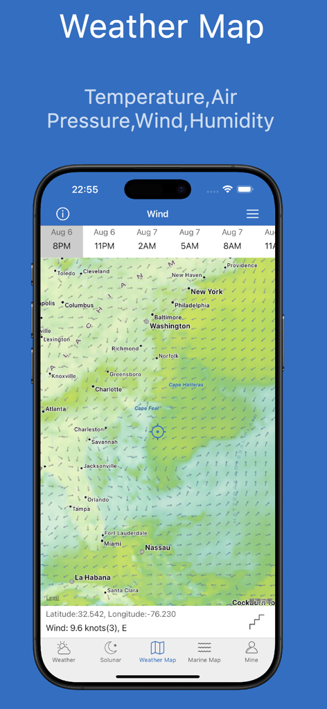 iPhone screenshot of the Fishing Index app showing a wind forecast map with wind speed and direction data for the US East Coast