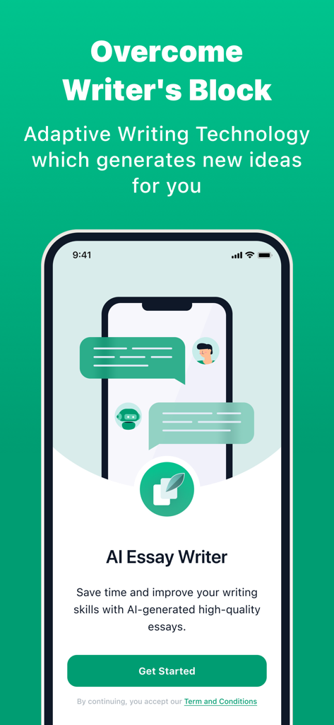 Tela do aplicativo móvel AI Essay Writer com tecnologia de escrita adaptativa para superar o bloqueio criativo.
