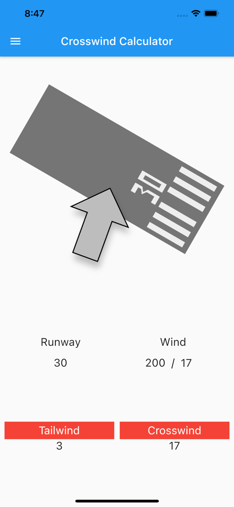 Crosswind Calculator - Crosswind Calculator app interface showing tailwind and crosswind calculations for a runway.