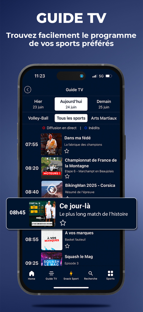 Sport en France - Sport en Franceアプリのインターフェース。さまざまなスポーツ番組のスケジュールが表示されたTVガイドが表示されています。