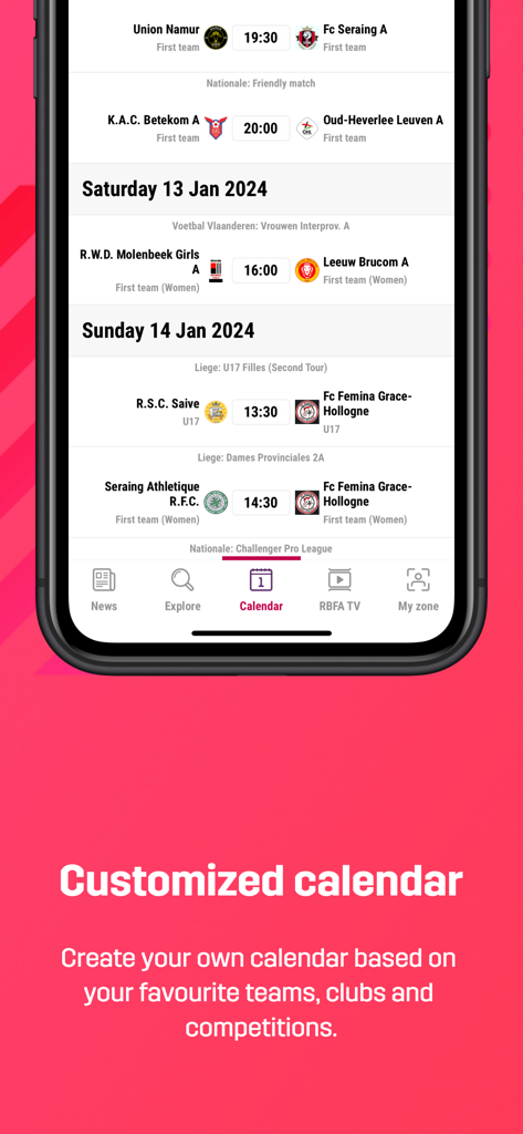 RBFA app interface showing a customized soccer match calendar with schedules for Belgian professional and amateur teams.