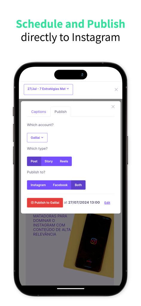 GalilAI app interface for scheduling and publishing reels and posts directly to Instagram and Facebook
