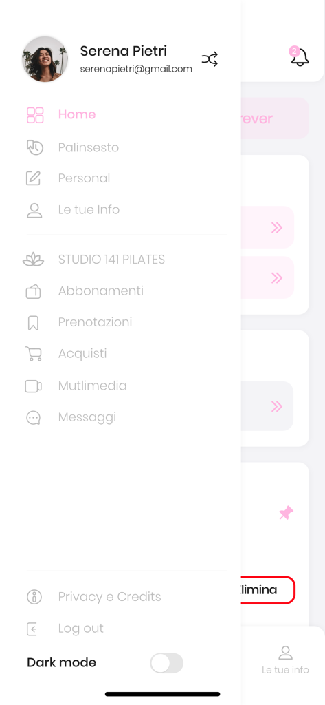 STUDIO 141 PILATES - Menu di navigazione laterale dell'app mobile Studio 141 Pilates che mostra il profilo utente e le opzioni dell'account