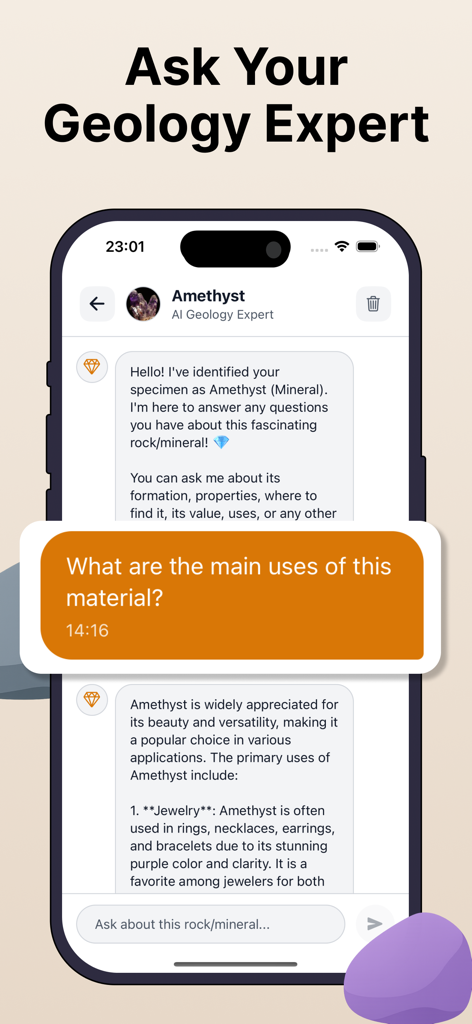 Rock Identifier: GeoLens - AI Geology Expert chat interface in the Rock Identifier GeoLens app discussing Amethyst properties and uses.