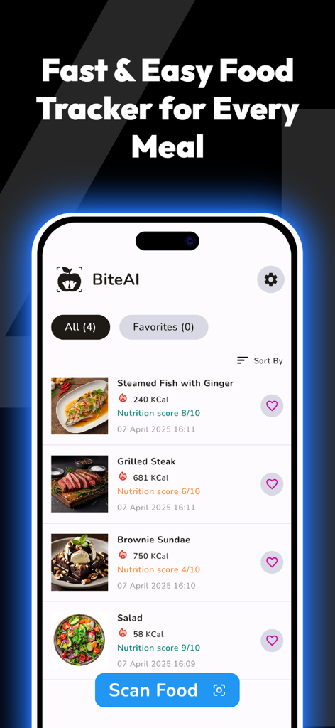 Simple AI Calorie Counter - BiteAI app interface showing a list of tracked meals with calorie counts and nutrition scores.