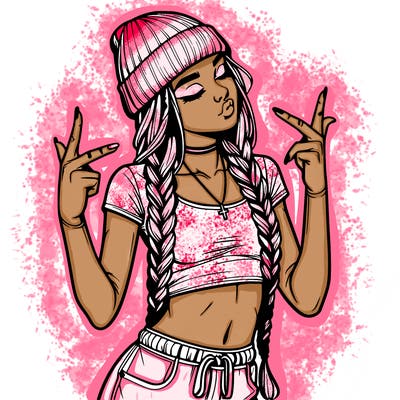 realistic teenage girl with braids and a beanie and crop top doing 🫶🏼