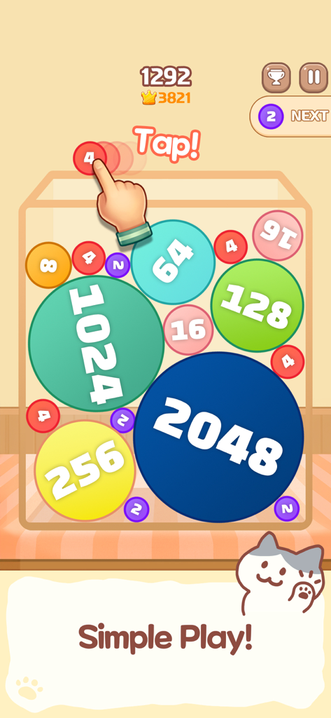 Gameplay of Melon Maker showing numbered circles merging in a puzzle container