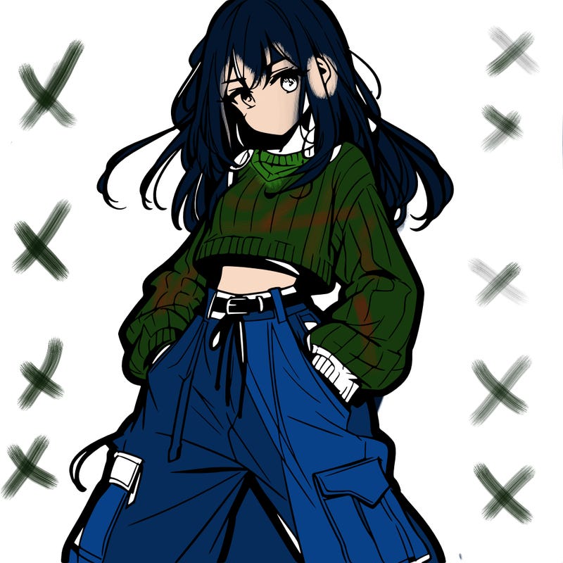 anime teen girl with baggy pants and crop top with sweater