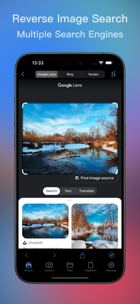 Imagio app interface on iPhone showing reverse image search results from Google Lens and multiple search engines
