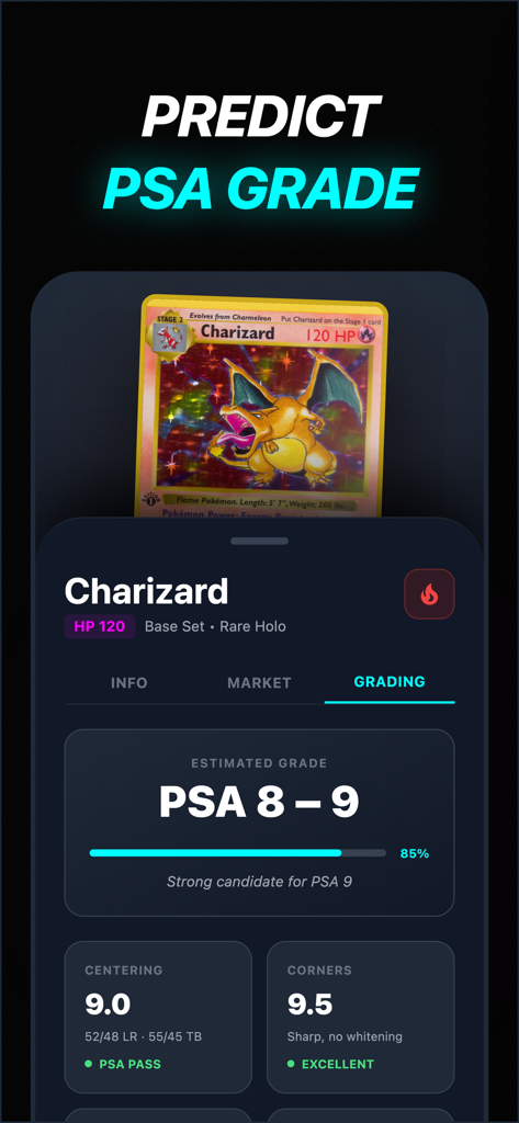 TCG Card Scanner・Collector - App screen showing PSA grade prediction for a Charizard card with detailed condition analysis