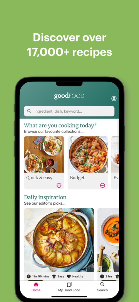 Good Food: Recipe Finder - Good Food app home screen displaying curated recipe collections and daily cooking inspiration.