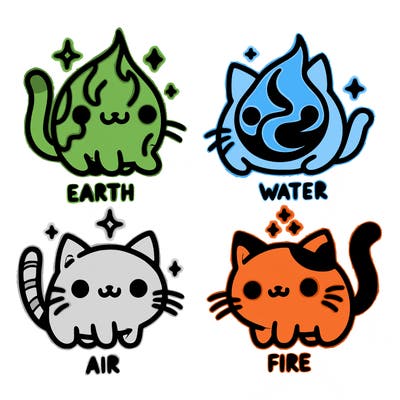 4 cats that represent the different elements, earth, water, air, and fire