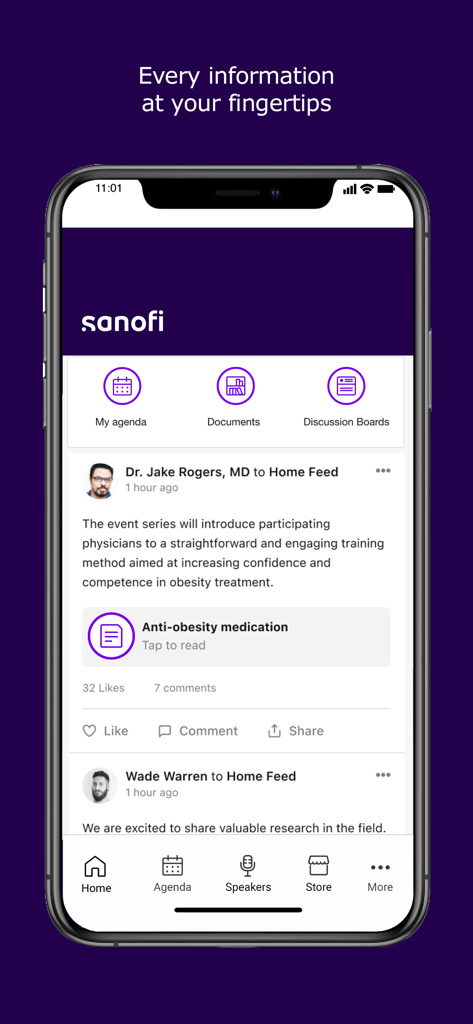 Sanofi Events & Congresses - The home feed of the Sanofi Events and Congresses app showing medical professional posts and quick access event navigation icons.