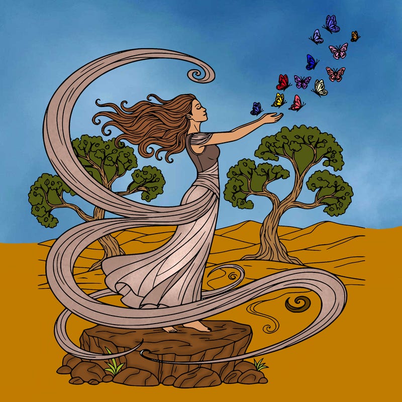a woman standing in nature, letting butterflies fly out of her hands, symbolizing letting go of sadness, trees, and wind, moving around her calm, hopeful, energy, detailed coloring page line art