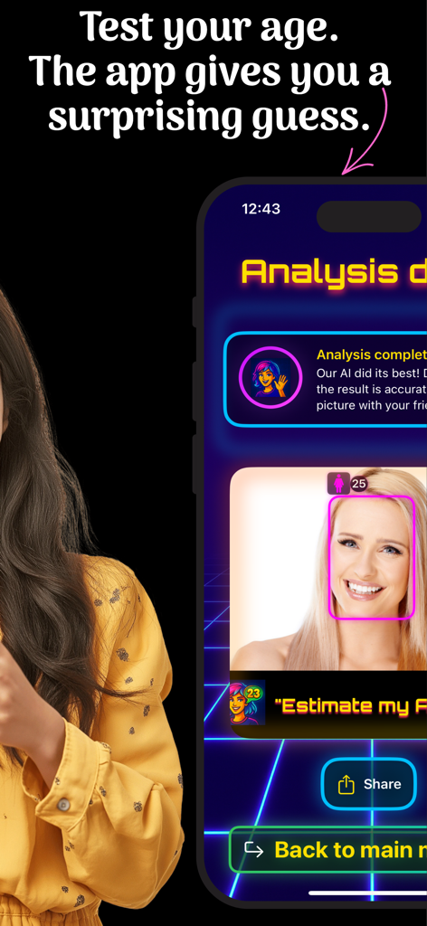 Estimate my Age - A screenshot of the Estimate my Age app showing a woman's face being analyzed by AI with a result of twenty five