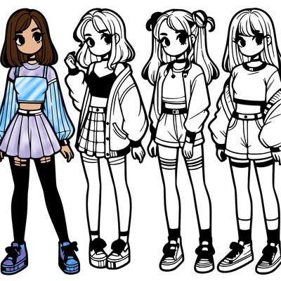 one girl with crop-top shirt and a jacket with a skirt, long socks and another girl with a shirt and pants with a jacket