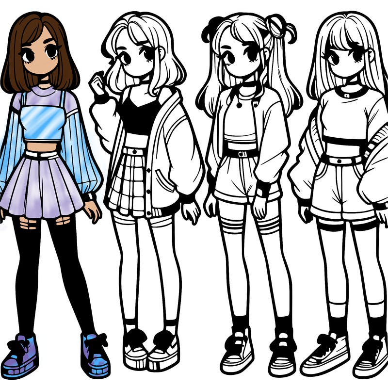 one girl with crop-top shirt and a jacket with a skirt, long socks and another girl with a shirt and pants with a jacket