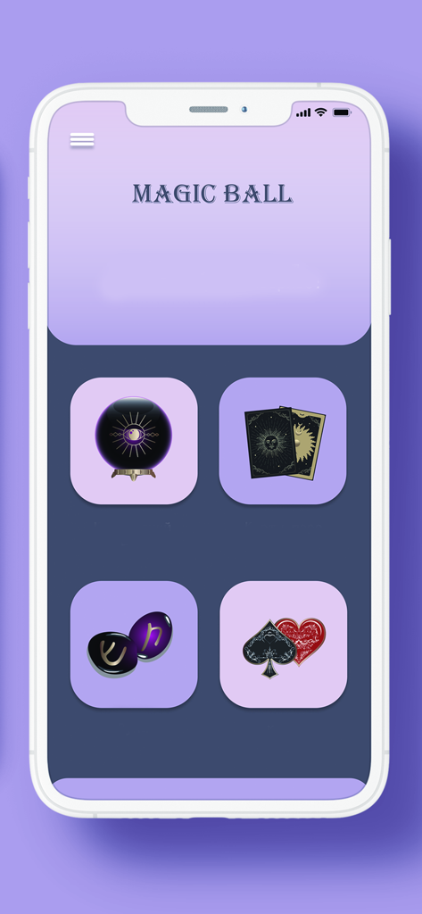 Schermata principale dell'app Magic Ball che mostra icone per sfera di cristallo, carte dei tarocchi, rune e carte da gioco su sfondo viola.