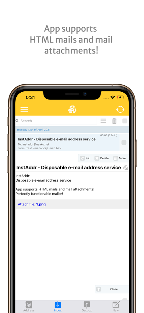 InstAddr - InstAddr app screen showing a disposable email with an image attachment
