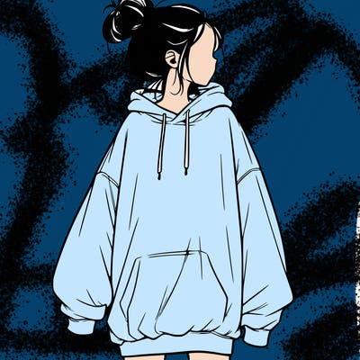 realistic girl with a oversized sweatshirt on and a bun