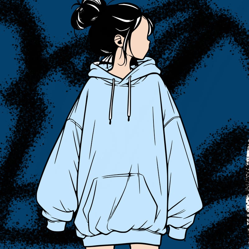realistic girl with a oversized sweatshirt on and a bun