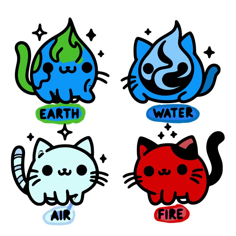 4 cats that represent the different elements, earth, water, air, and fire