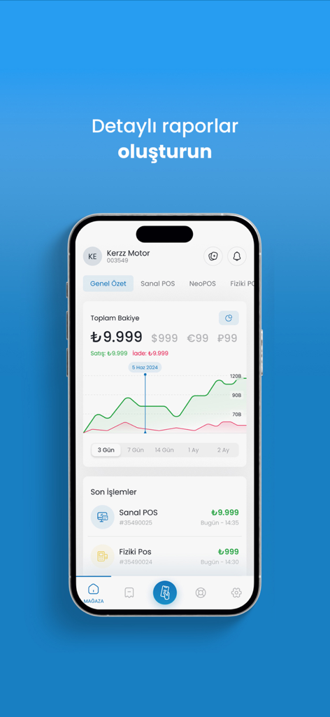 PayTR Mağaza - PayTR Magaza mobile app dashboard showing financial sales reports and transaction history