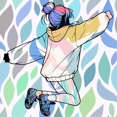 realistic girl jumping with a bun and oversized sweatshirt