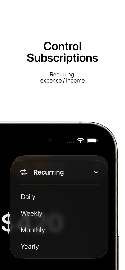 Interface for managing recurring expenses and subscriptions with frequency options in the Qalta app