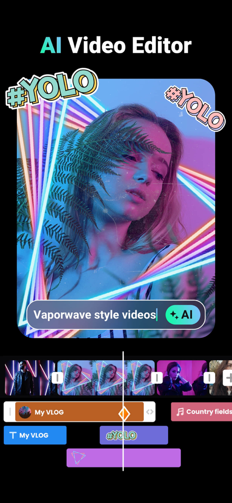 Vaporwave style video editing interface on VideoShow AI Video Editor app