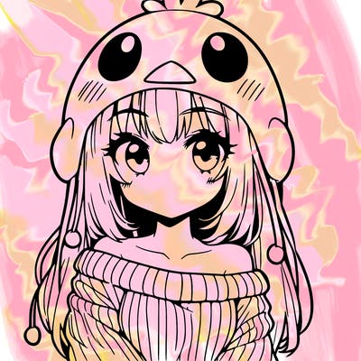 anime girl with chick shaped hat with sweater with bare shoulders with bangs covering them one eye with low tail