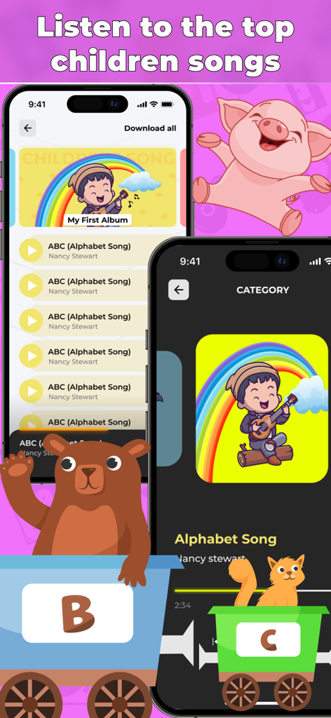 Nursery Rhymes & Lullabies - Interfaz de app móvil mostrando canciones del abecedario para niños con ilustraciones de cerdos y osos de dibujos animados