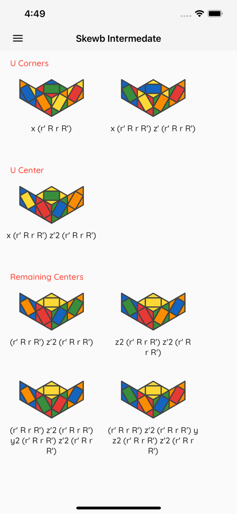 Cube Algorithms X - A list of intermediate Skewb puzzle algorithms with visual diagrams and notation sequences.