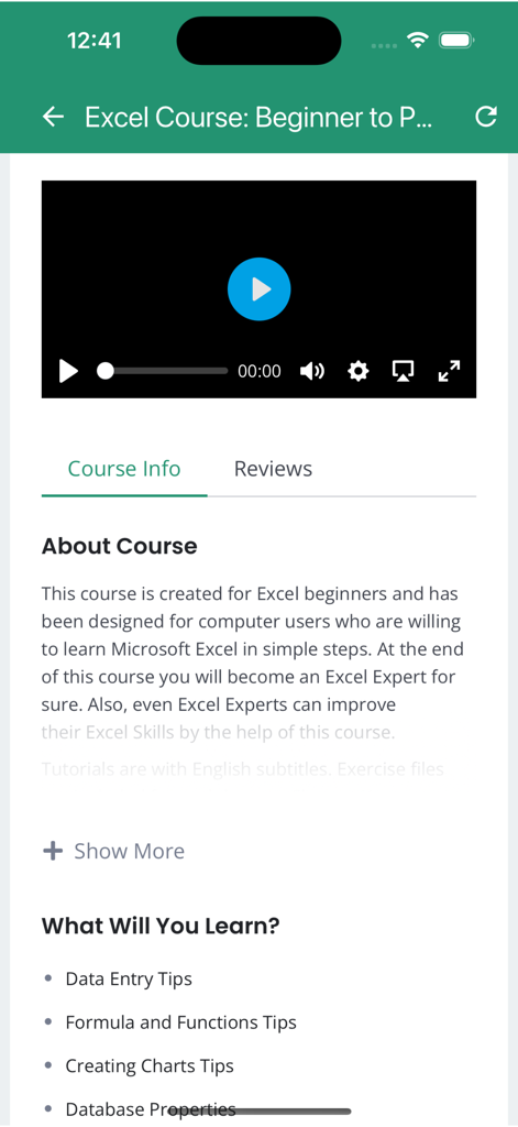 Mobile app interface of the Excel learning course showing the course information tab and learning modules