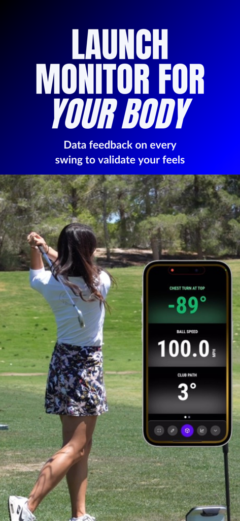 Sportsbox 3D Golf - Female golfer using Sportsbox 3D Golf app to track real-time swing data and body motion